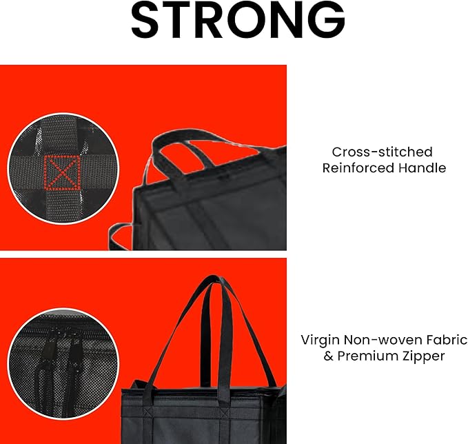 NZ home Insulated Bags for Food Delivery (Large) Grocery Shopping Cooler Bag, Pizza Delivery, Hot & Cold Catering Tote, Reusable, Foldable & Heavy Duty (Black)
