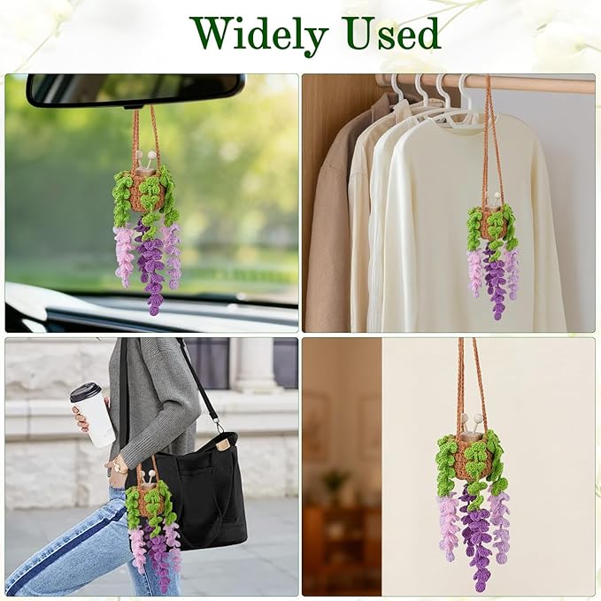 Crochet Car Air Freshener, 8ml Empty Refillable Oil Diffuser Bottle with Hanging Crochet Purple Wisteria Plant & Hanging Tools, Car Rearview Mirror Diffuser for Wall Art & Home & Office Decoration