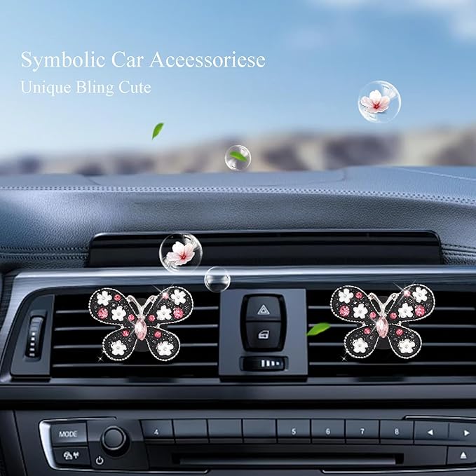 Butterfly Car Decor,Cute Flower Daisy Butterfly Car Air Vent Freshener Clips,Pink Rhinestone White Black Enamel Auto Interior Dashboard Decorations Accessories for Women