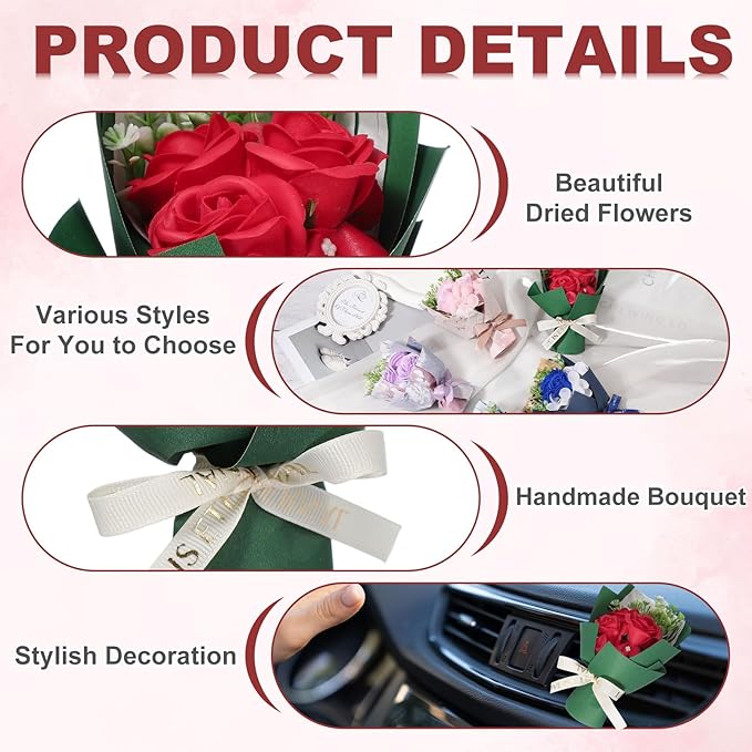 uxcell Red Small Bouquet Car Air Freshener Vent Clips, Mini Decorative Rose Bouquet with Fragrance Diffuser for Women, Automotive Air Freshener Decoration, Style 1