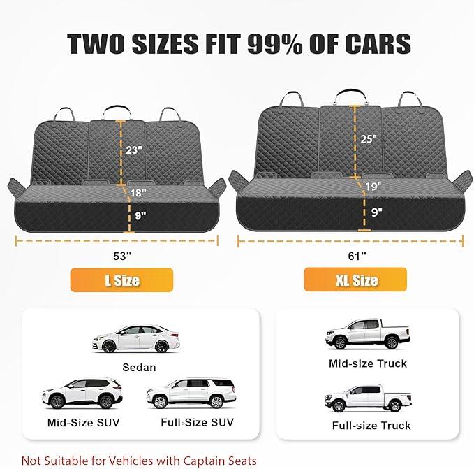 Dog Car Seat Cover for Back Seat, Waterproof Pet Car Seat Protector with Zippered Armrest, Non-Slip Comfortable Rear Bench Cover for Cars, SUVs & Trucks - Universal Size - 53 W