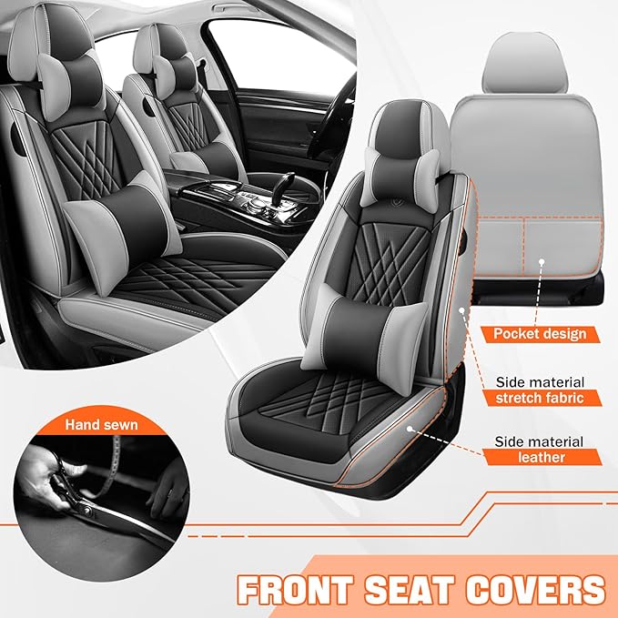 Car Seat Covers Compatible with Toyota Camry 2012-2026 Durable Waterproof Automotive Seat Covers Stretchable Fabric Material,Airbag Compatibility,Premium Nappa Leather(Black Gray,Full Set with Pillow)