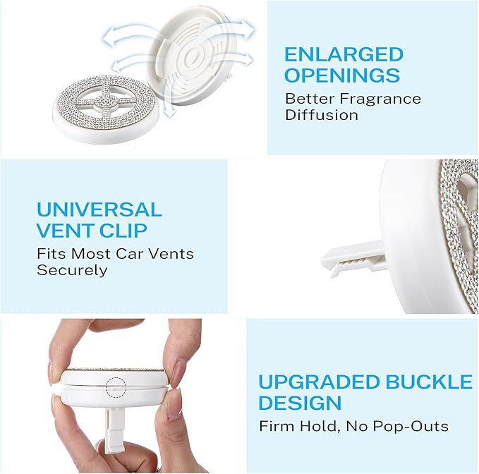 Car Fragrance Holder Compatible with Bath & Body Works Refills (Not Included), Air Freshener Vent Clip or Visor Clip, Refillable Scent Holder, Easy to Open Car Diffuser(White,Diamond)