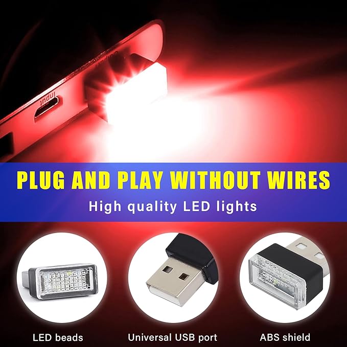 Augeny 4 PCS USB LED Car Interior Atmosphere Lamp, Plug-in USB Decor Night Light, Portable Auto Ambient Lighting Kit, Universal Vehicle Interior Accessories for Most Cars (Red & Blue)