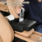 Car Armrest Cushion (Black) Multifunctional 5 in 1 Center Console Armrest Cushion with Storage Bag Cup/Phone Holder Tissue Box - Waterproof Car Interior Storage Device