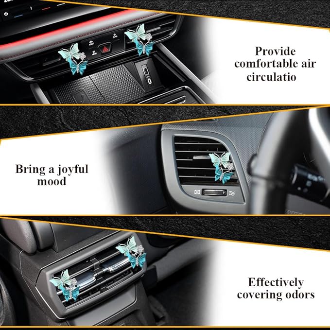 2PCS Car Air Fresheners Vent Clips, Butterfly Car Accessories, Sparkly Bling Dual Butterfly Auto Air Vent Clips, Automotive Cute Air Conditioning Outlet Decoration Universal for Women Girl