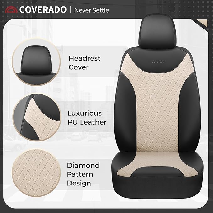 Coverado Front Seat Covers, 2 Seats Universal Seat Covers for Cars, Leather & Fabric Splicing Design Car Seat Protectors, Waterproof Car Seat Cushions Universal Fit for Vehicles, Black & Beige