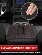 KBH Center Console Armrest Cover for Chevy Silverado & GMC Sierra 1500 2500 3500 2014-2018, Tahoe Suburban Yukon 2015-2020, Bucket Seat Console, Vinyl Leather, Black-Red Double Stitch