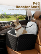 Dog Car Seat for Small/Medium Dogs Up to 35 lbs, Elevated Memory Foam Dog Booster Seat with 2 Safety Belts, Travel Safety Pet Car Seat with Detachable Washable Cover and Storage Pockets (Black/Grey)