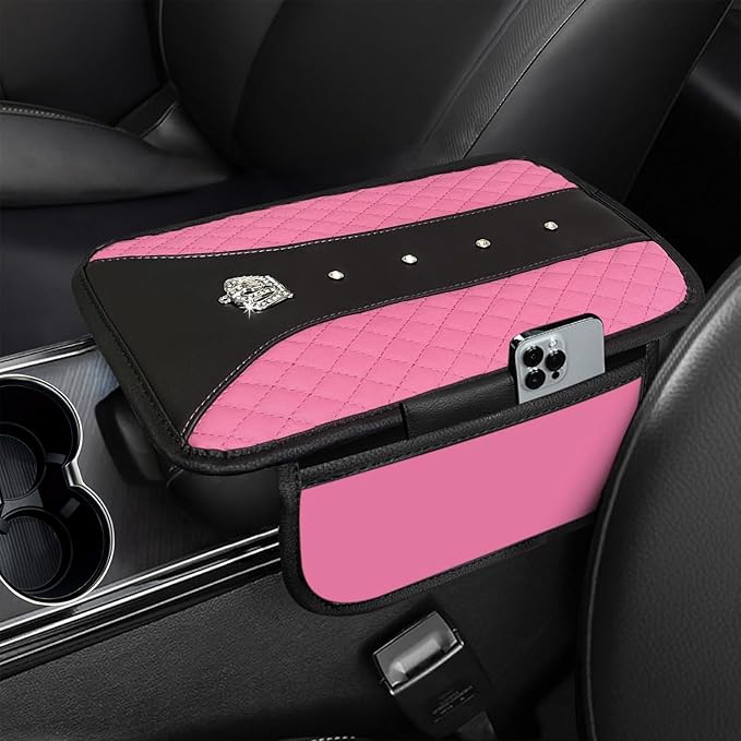 NBTEPEM Bling Crown Car Center Console Armrest Cover, Leather Middle Console Cover Cushion with 2 Storage Bags, Car Armrest Storage Box Interior Accessories for Most Vehicles(Pink)