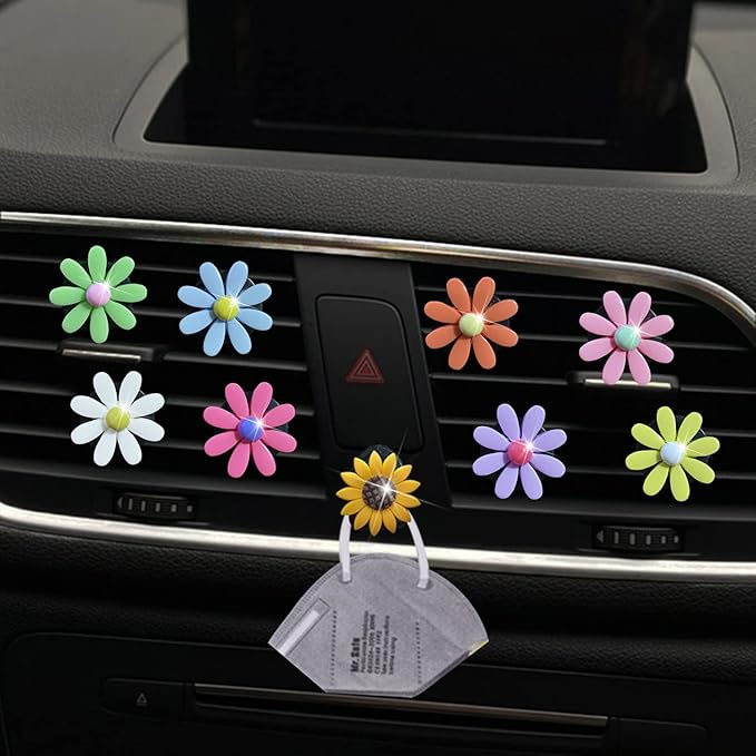 8 Pcs Daisy Air Vent Clips, Cute Flower Car Air Fresheners Vents Clips Car Diffuser Vent Clips Glam Car Interior Decor Charm Cute Daisy Car Decoration Car Accessories for Women+Sunflower Mask Hook (Mix)