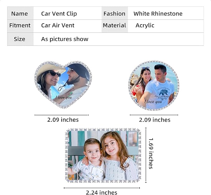Custom Rhinestone Car Air Vent Clips, Personalized Rhinestone Photo Frame Air Fresheners Vent Clips, Car Decoration for Missing One, In Memory of Someone(Rhinestone-Bordered Heart)