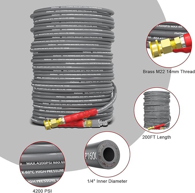 Pressure Washer Hose 200FT, 4200PSI 1/4 Inch Kink Resistant Power Washer Extension Hose, Flexible Heavy Duty Replacement Hose, Compatible with M22 14mm Fittings, High Tensile Wire Braid