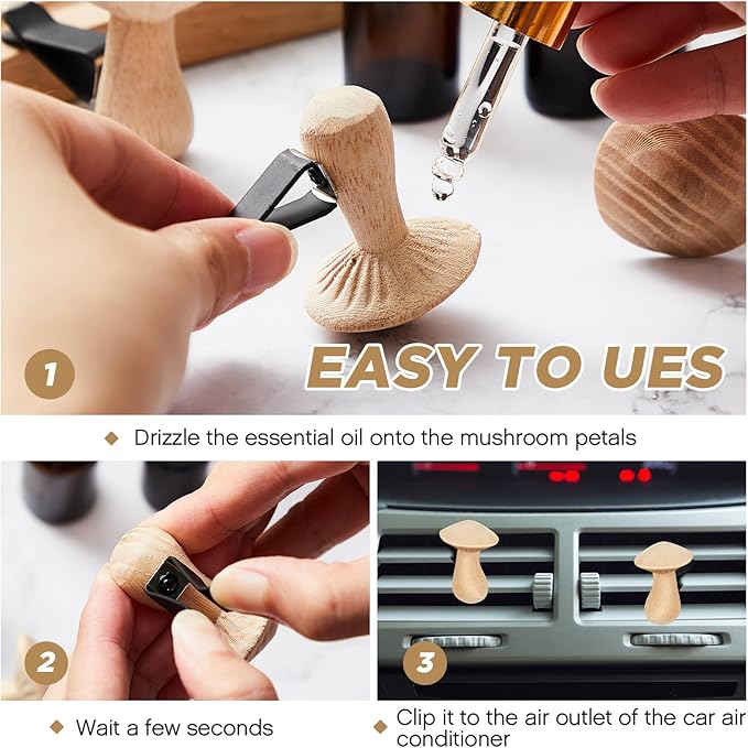 Dandat 4 Pcs Wood Car Essential Oil Diffuser Vent Clips Mushroom Car Air Freshener Aromatherapy Wooden Car Diffusers Automotive Interior Accessories Decoration for Women Men Gift