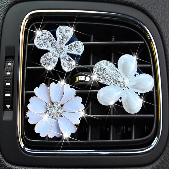 Bling Daisy 3-Pcs Crystal Flower Air Vent Clips - Rhinestone Cute Car Air Freshener Clips & Decor