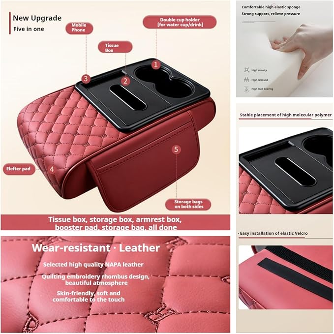 5-in-1 Center Console Cover Organizer Armrest Cover Cushion Pad with Cup Holder, Storage Pocket and Tissue Holder for Car, Grid, Rose-Tinted