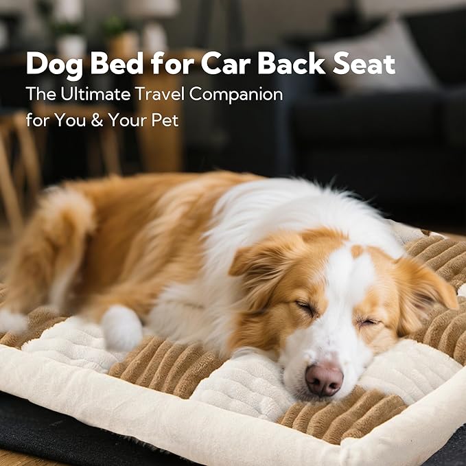 Soulbond Dog Bed for Car Back Seat Soft Plush Backseat Pet Bed Mat Non-Slip Travel Pet Mat, Fuzzy Plaid Dog Seat Cover, Fit for Backseat Extenders and Trucks SUVs (Brown and White, 54" x 24.8")