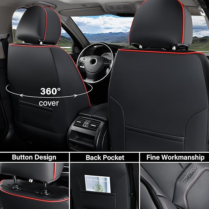 Coverado Seat Covers, Car Seat Covers Front Seats, Nappa Leather Seat Covers for Cars, Waterproof Car Seat Protector with Lumbar Support, Front Seat Covers Universal Fit for Most Cars (Black&Red)