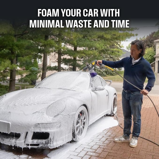 Active Foam Cannon with ¼ inch quick connector for Electric and Gas Pressure Washers. Wide-mouth bottle and variable spray to generate thick snow foam spraying for home DIY car wash & detailing.