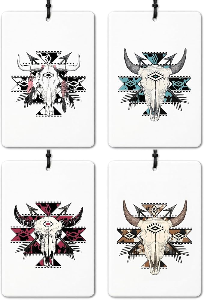 Boho Western Cow Aztec Car Air Freshener 4 Pcs, Vintage Colorful Southwestern Bull Skull Air Freshener Hanging for Cars Books Closet Drawer, Western Car Accessories for Women Men