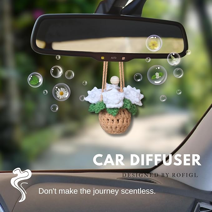 Handmade Crochet Hanging Car Air Freshener - Pure Elegant White Rose Design, 12ml Refillable Thick Glass Bottle, Car Diffuser for Rearview Mirror, Home & Office Minimalist Decor