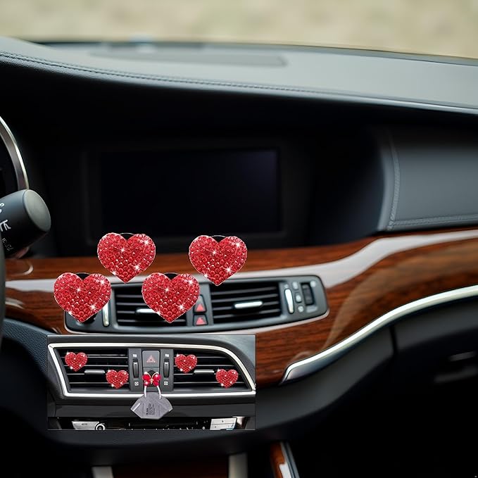 5 Pcs Bling Red Hearts Air Vent Clips, Heart Shape Crystal Car Air Vent Clip Charm Car Air Fresheners for Women Rhinestone Diffuser Vent Clip Cute Decor Bling Cars Accessories,Interior Accessories
