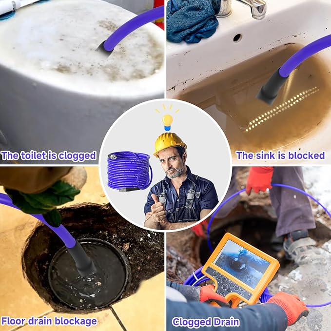 NIFUAL 200FT Sewer Jetter Kit for Pressure Washer, 5800PSI Drain Cleaner Hose 1/4 Inch NPT Corner, Rotating and Button Hose Sewer Jetting Nozzle Waterproof Tape Pearl Corsage Pin Spanner Glove