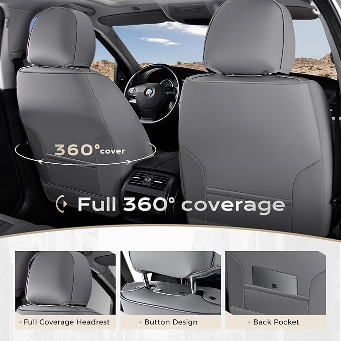 Coverado Car Seat Covers Front Seats, Seat Covers for Cars, Car Seat Protector, 2-Pack Car Seat Cushion Nappa Leather, Waterproof Seat Covers Carseat Cover Universal Fit for Most Cars(Gray&White)