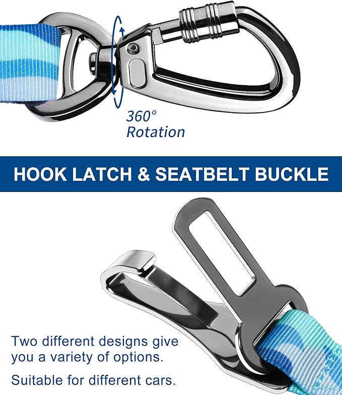 Hotsky Dog Seat Belt, Adjustable Safety Seatbelt 3-in-1 Car Harness for Dogs in Car Nylon Elastic Bungee Buffer Tether with Clip Hook Latch Buckle Swivel Zinc Alloy Carabiner(Blue Camo)