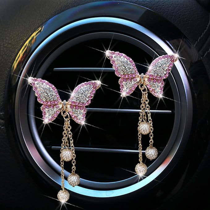Pink Butterfly Heart Air Vent Clips, 2 Pcs Pink Butterfly Car Air Fresheners Air-conditioning Vents Clips Car Diffuser Diamond Car Interior Decor Charm Cute Car Accessories Decoration for Women