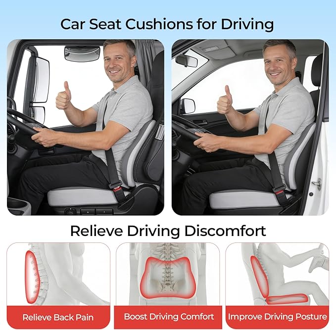 Car Seat Cushion & Lumbar Support Set, Memory Foam Seat Cushion for Long Sitting & Driving, Ideal for Truck Bus Van Drivers, Office Chair Cushion Set (Gray) (White)
