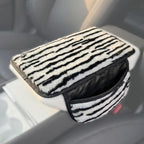 Plush ZebraPrint Car Center Console Cover with Side Pockets, Fluffy Armrest Cushion Pad,Soft Zebra Car Interior Decorations Accessories with Storage for Women,Universal Fit for Vehicles SUV Truck