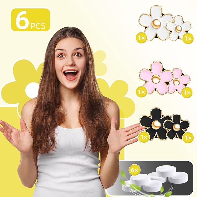 NBTEPEM 6 PCS Daisy Flower Air Vent Clip Car Decoration Accessories Air Conditioning Outlet Clip Car Air Freshener Clip Charm Car Interior Decor(3 cm, 3.3 cm, White, Pink, Black)