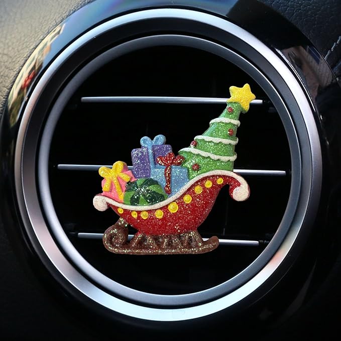 Set of 4 Christmas Car Air Freshener Vent Clips, Cute Glitter Santa Snowman Xmas Tree Car Air Conditioning Outlet Clip Charms, Fun Auto Interior Decoration Accessories