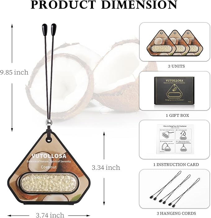 3 Pack Car Air Freshener & Car Deodorizer, Coconut Scented - Long Lasting Hanging Car Air Fresheners for Women & Men, Car Accessories by VUTOLLOSA