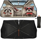 CHILL·TEK Funny Animals Car Windshield Umbrella, Raccoons Sun Shade Umbrellas for Car Front Window,Block UV Rays Foldable Windshield Umbrella Sun Visor Protector-Keep Vehicle Cool for Most Vehicles
