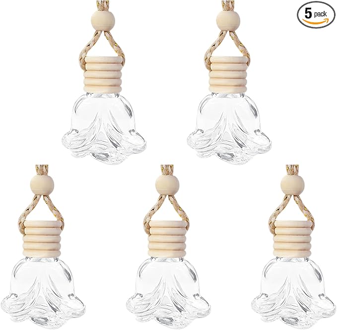 5PCS Hanging Car Air Freshener, Car Air Freshener Diffuser, 8ml Hanging Essential Oil Diffuser Bottle, Auto Interior Cute Glass Empty Perfume Bottle Ornament for Most Vehicles (Rose)