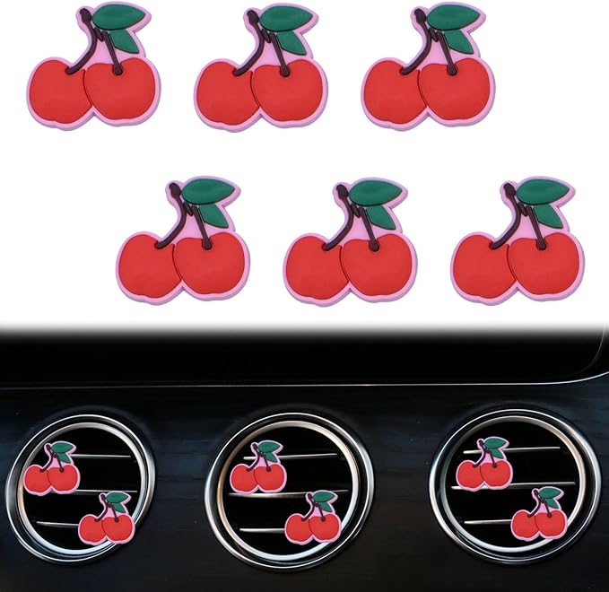 6 Pcs Red Cherry Air Vent Clips, Cute Cherry Car Air Fresheners Vents Clips Diamond Vent Clip Car Interior Decor Charm Bling Cars Accessories Cars Decoration for Women, Automotive Air Fresheners