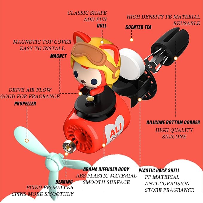Car fragrance diffuser pilot car air outlet fragrance diffuser cartoon rotating fan leaf car perfume cute cartoon shape car perfume air freshener with 2 fragrances (fox) 1.0 Count