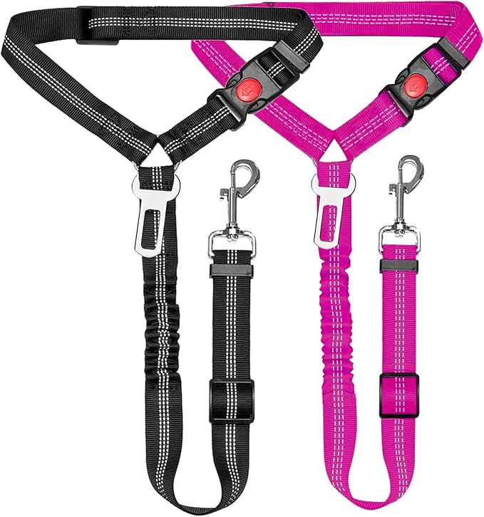 Removable Dog Seat Belt Harness for Car, 3 in 1 Pet Car Seatbelt Leash, Retractable Restraint Secures to Vehicle Headrest & Adjustable Reflective Dog Seatbelt Tether (Deep Pink&Black, 2pcs)