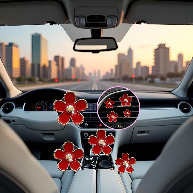 4Pcs Car Accessories Daisy Flowers Cars Air Freshener Vent Clips,4 Sizes Cute Car Flowers,Clips,Girly Women Flowers Cars Accessories,Refillable,Diffuser Air Fresheners Accessories (Red)