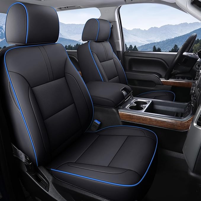 Coverado Chevy Silverado Seat Covers Full Set, Faux Leather Car Seat Covers Fit for 2014-2018 1500, 2015-2019 2500HD 3500HD Chevy Silverado GMC Sierra Crew Double Extended Cab(Blueline)
