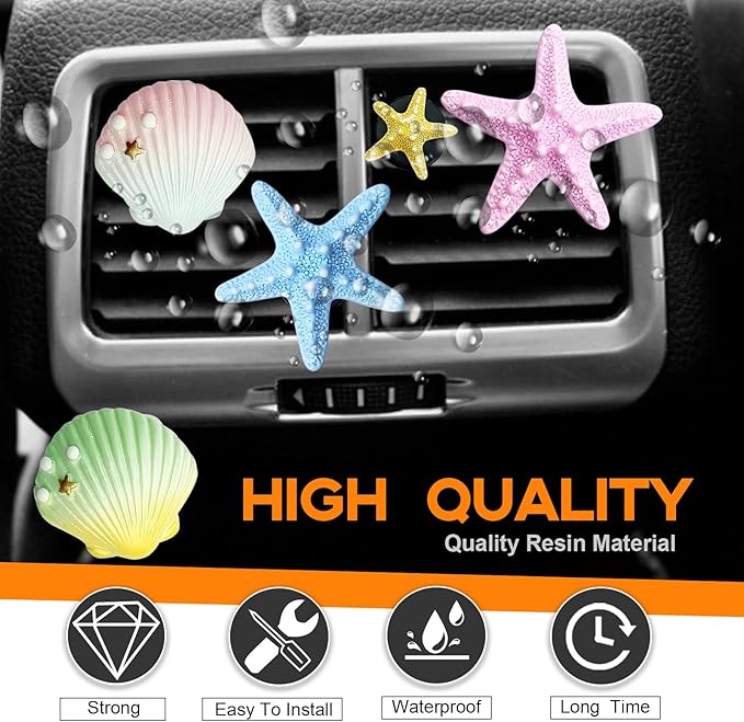 5PCS Seashell and Starfish Car Air Vent Clips, Colorful Ocean Series Car Air Freshener Diffuser, Beach Theme Car Interior Decoration Accessories (No Aromatherapy Tablets)