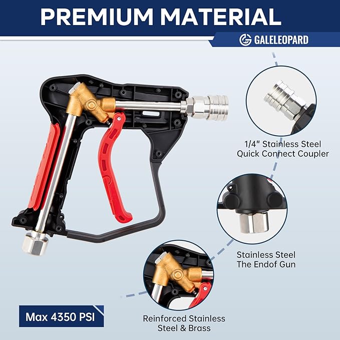 Short Pressure Washer Gun with 1/4" Quick Connector, 4350 PSI High Pressure Washer Gun with 5 Spray Nozzle Tips, 3/8'' Male Plug and M22-14/15mm Fittings, Power Washer Gun Compatible with Foam Cannon
