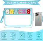Snack Bag for Travel - Clear Chenille Varsity Letter Flat Pouch with Zipper, 12.2×8.46 inch Waterproof Clear Nylon Preppy Patch Makeup Cosmetic tote Bags for Women Girls