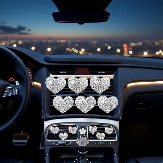Bling Heart Air Vent Clips, 6 Pcs Silver Heart Cars Air Fresheners Vent Clips Car Diffuser Vent Clip Diamond Car Decoration Cars Interior Decor Cute Car Accessories for Women Girls + Flower Mask Hook