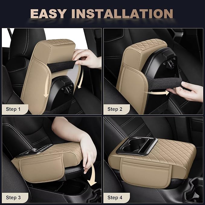 Center Console Cover Fit for 4Runner Faux Leather Car Armrest Cushion with Storage Bags, Cup Holder ＆ Phone Storage Multifunctional Middle Console Cover(Beige)