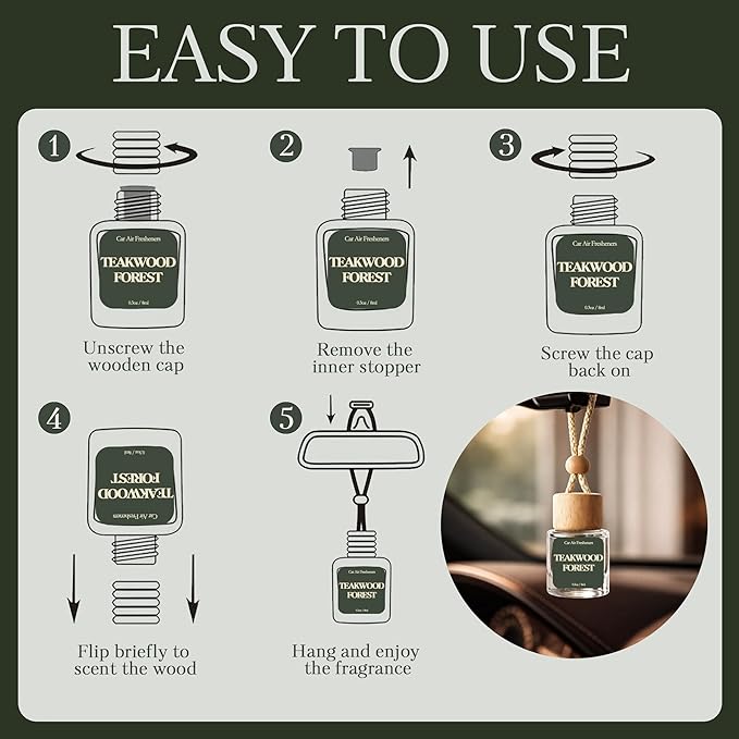 Car Air Freshener - Pack of 2 TeakWood Scent Hanging Car Air Diffuser - 0.27FL OZ/8ML Odor Eliminator - 60 Days Long Lasting Essential Oil Diffuser - Cars Accessories for Men & Women