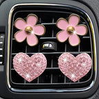 Bling Heart & Daisy Air Vent Clips, 4 Pcs Pink Heart & Flower Car Air Fresheners Vent Clips Diffuser Vent Clip Rhinestone Diamond Decoration Car Interior Decor Cute Accessories for Women