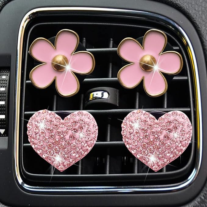 Bling Heart & Daisy Air Vent Clips, 4 Pcs Pink Heart & Flower Car Air Fresheners Vent Clips Diffuser Vent Clip Rhinestone Diamond Decoration Car Interior Decor Cute Accessories for Women